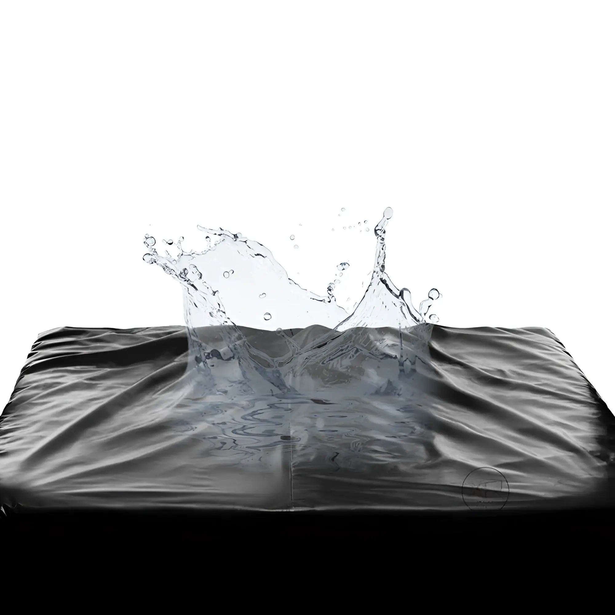 Master Series King Size black waterproof fitted sheet with a dramatic water splash effect on the surface.
