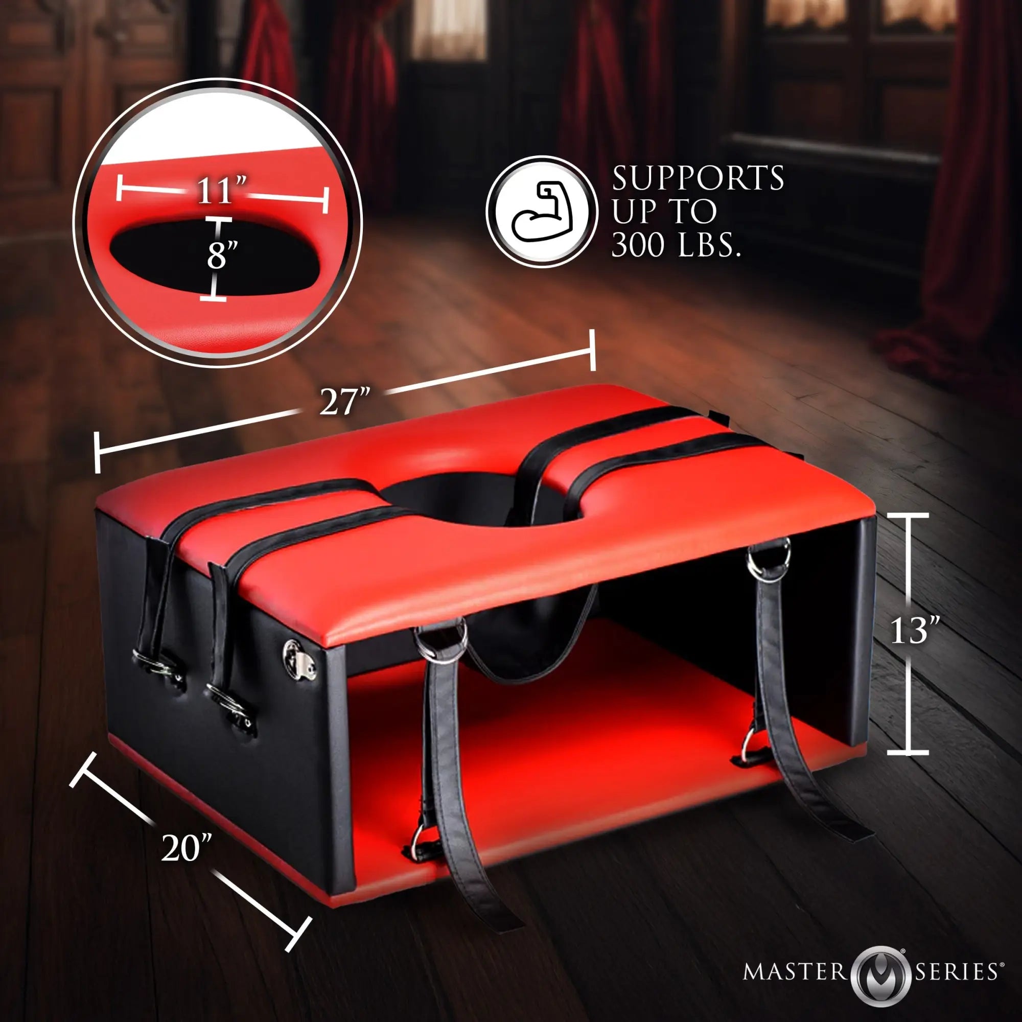Master Series The Kinging Chair: A red and black padded stool with straps and a central cutout, showing dimensions.