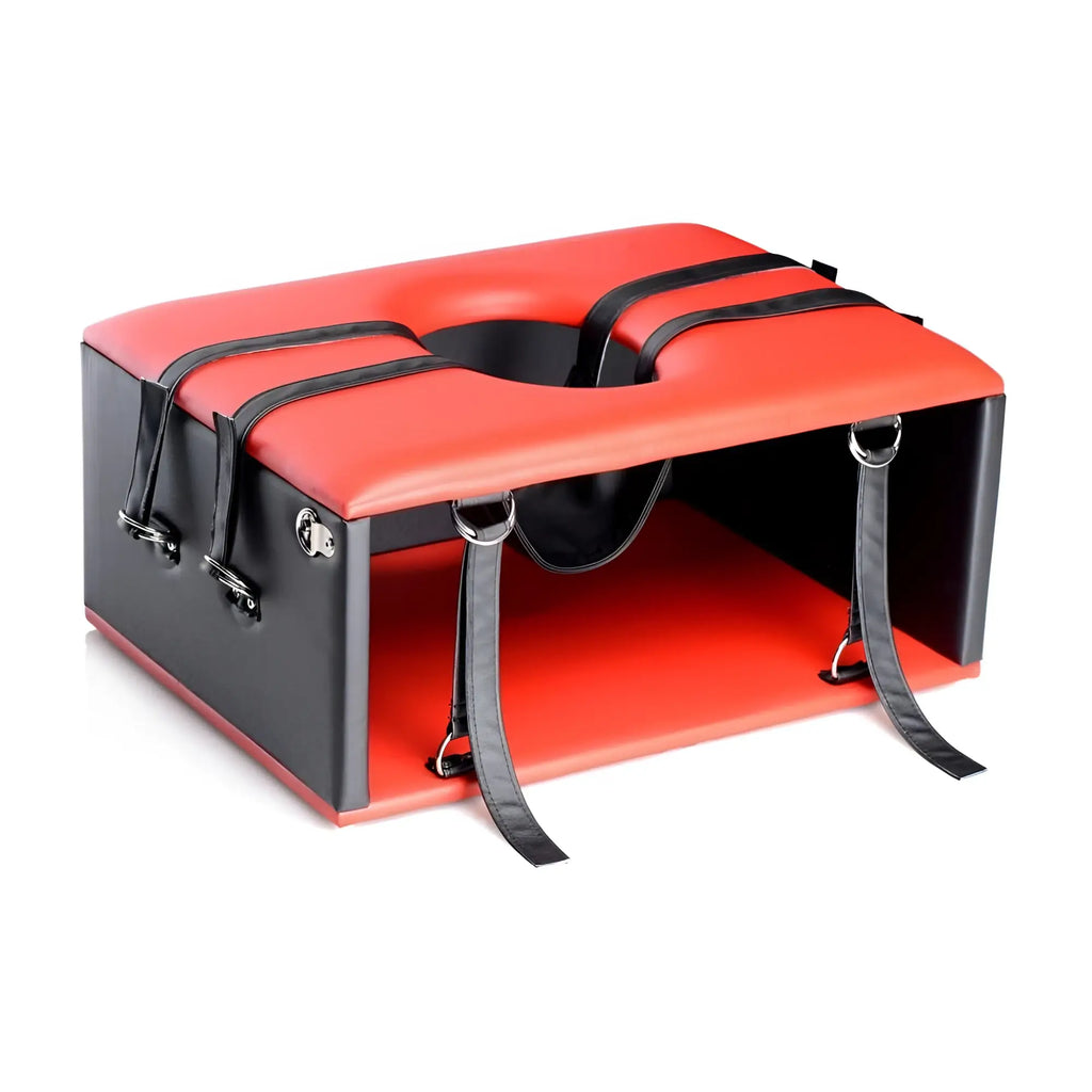 Master Series The Kinging Chair: Red and black padded block chair with built-in leather straps and center cutout.