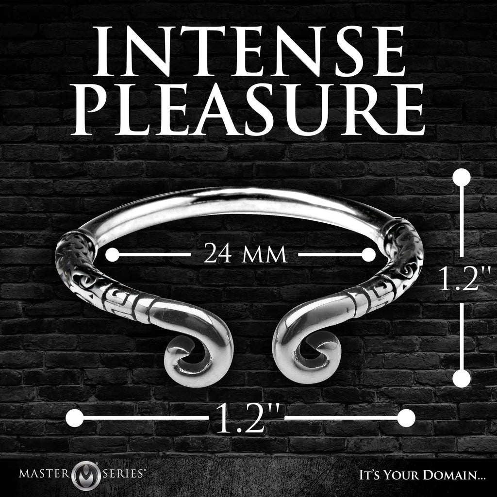 Master Series Kingpin silver-toned stainless steel glans ring with scrollwork details and measurement markers.