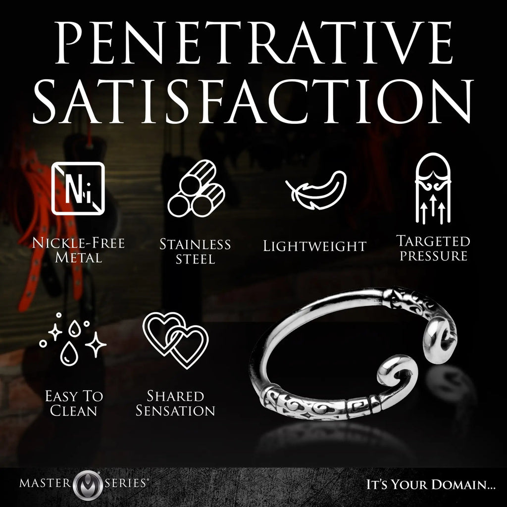 Master Series Kingpin Stainless Steel glans ring with ornate detailing and icon-based feature highlights.