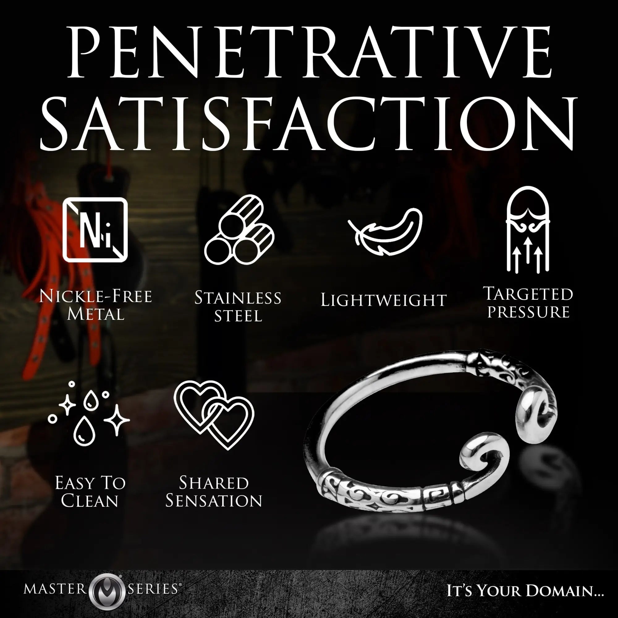 Master Series Kingpin Stainless Steel glans ring with ornate detailing and icon-based feature highlights.