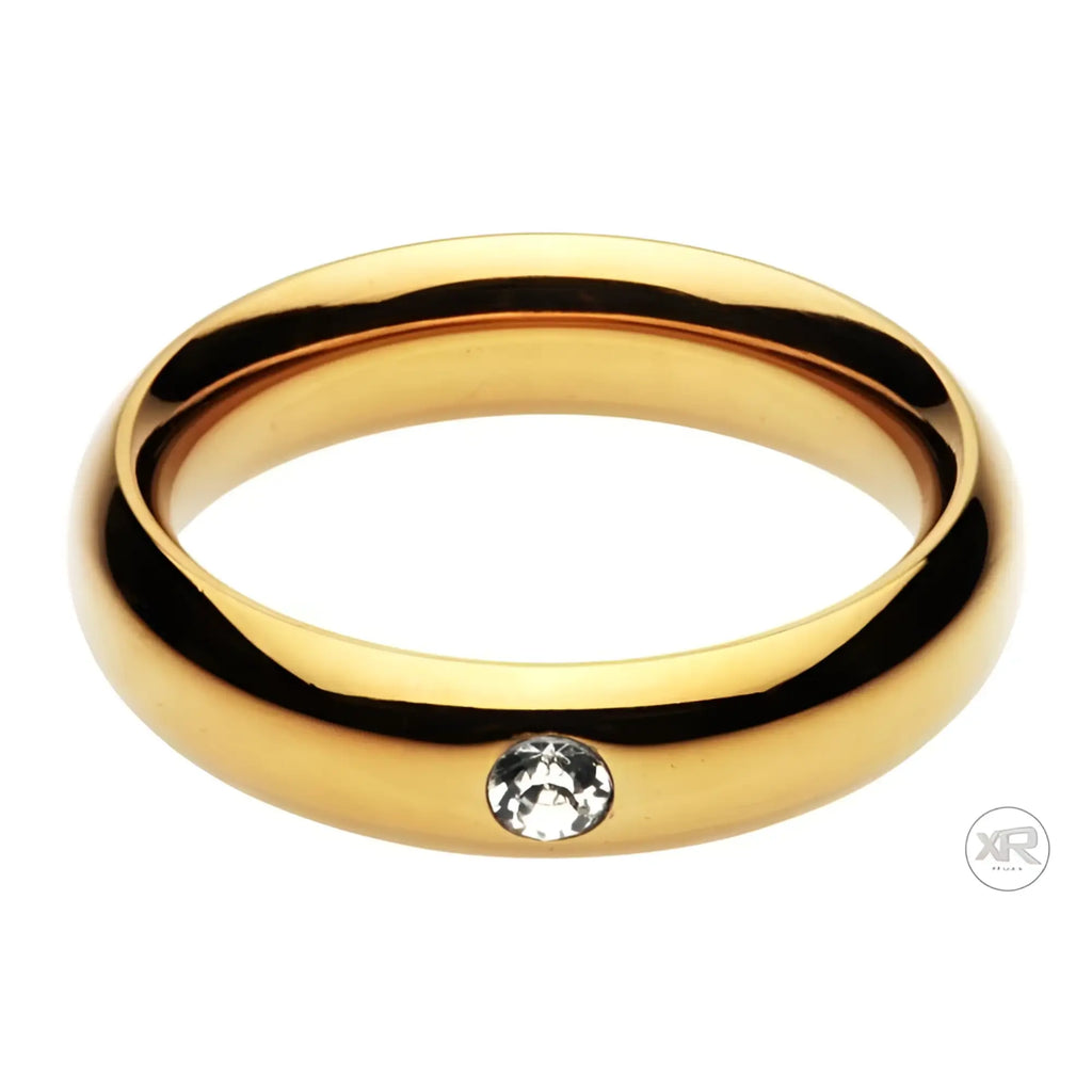 Master Series Kings Diamond Crown cock ring: a smooth, gold-toned metal band featuring a single centered clear gem.