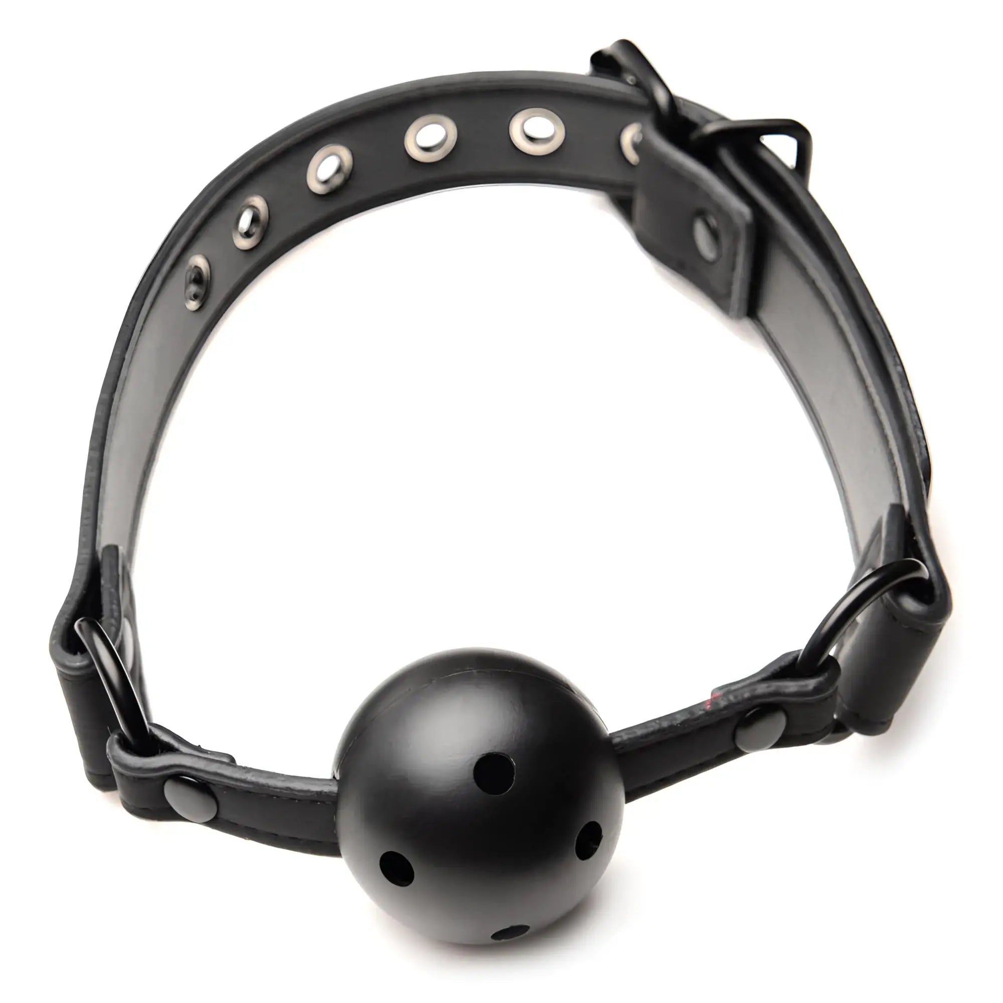 Master Series ball gag with black adjustable leather-style buckle collar and silver hardware, isolated on white.