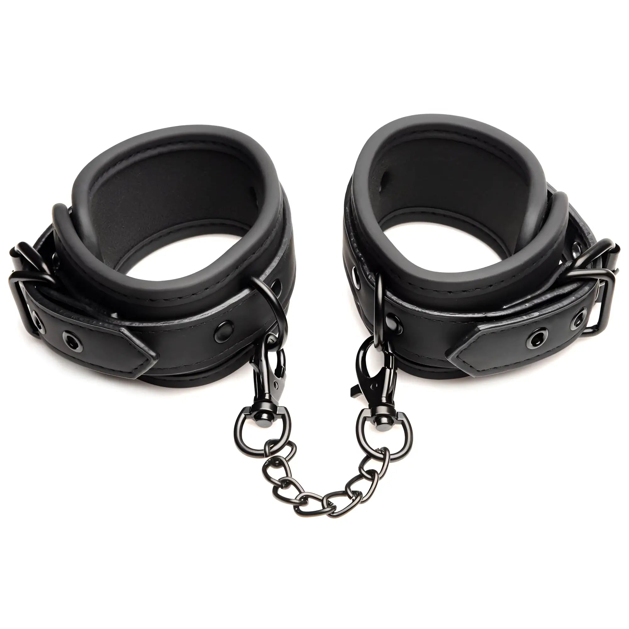 Master Series Master of Kink deluxe black padded wrist cuffs connected by a matching metal chain.