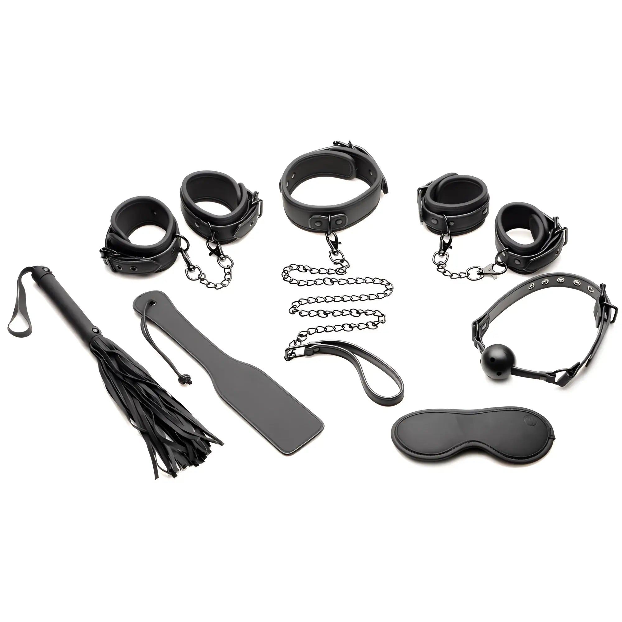 Master Series 10pc black bondage set including cuffs, collar, lead, flogger, paddle, ball gag, and eye mask.
