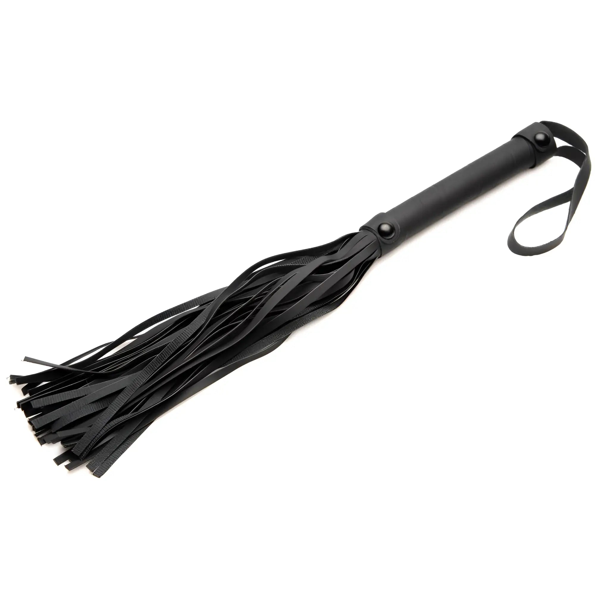 Master Series Master of Kink set: black leather-style flogger with multiple thin streamers and a wrist loop.