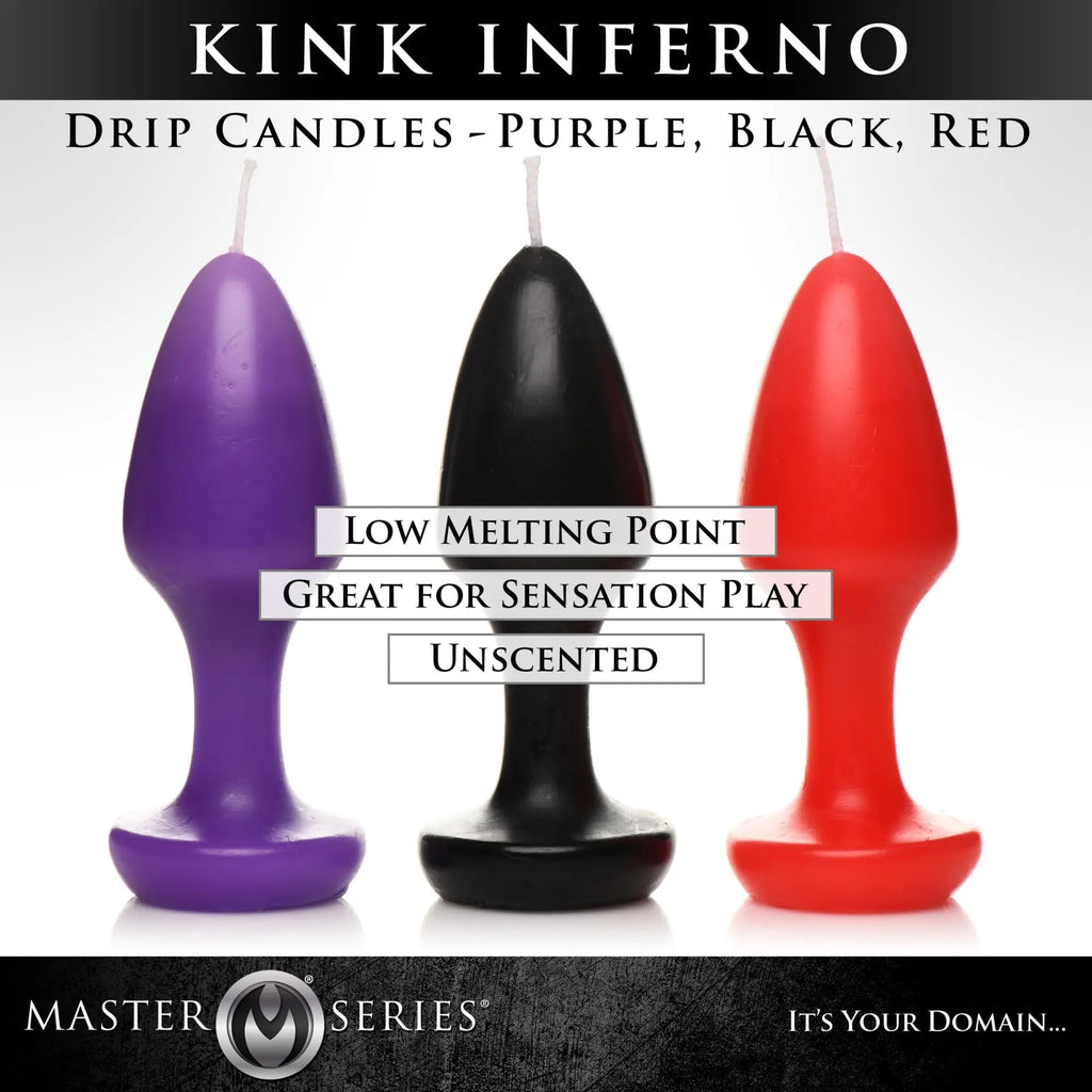 Three plug-shaped Master Series Kink Inferno drip candles in purple, black, and red against a white background.