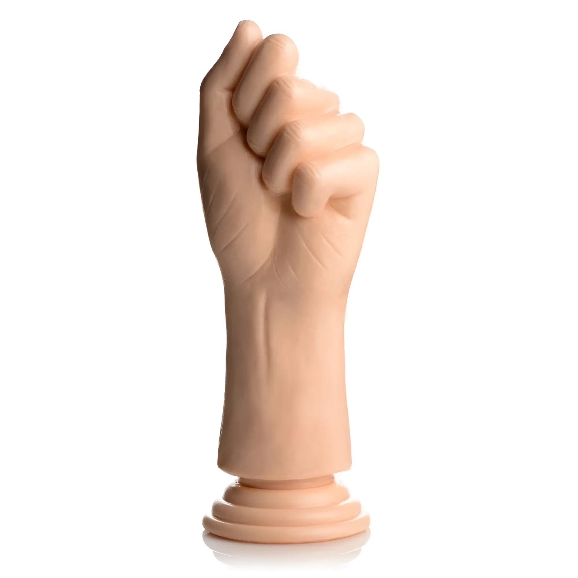 Master Series Knuckles small clenched fist dildo in realistic skin tone on a round circular base.