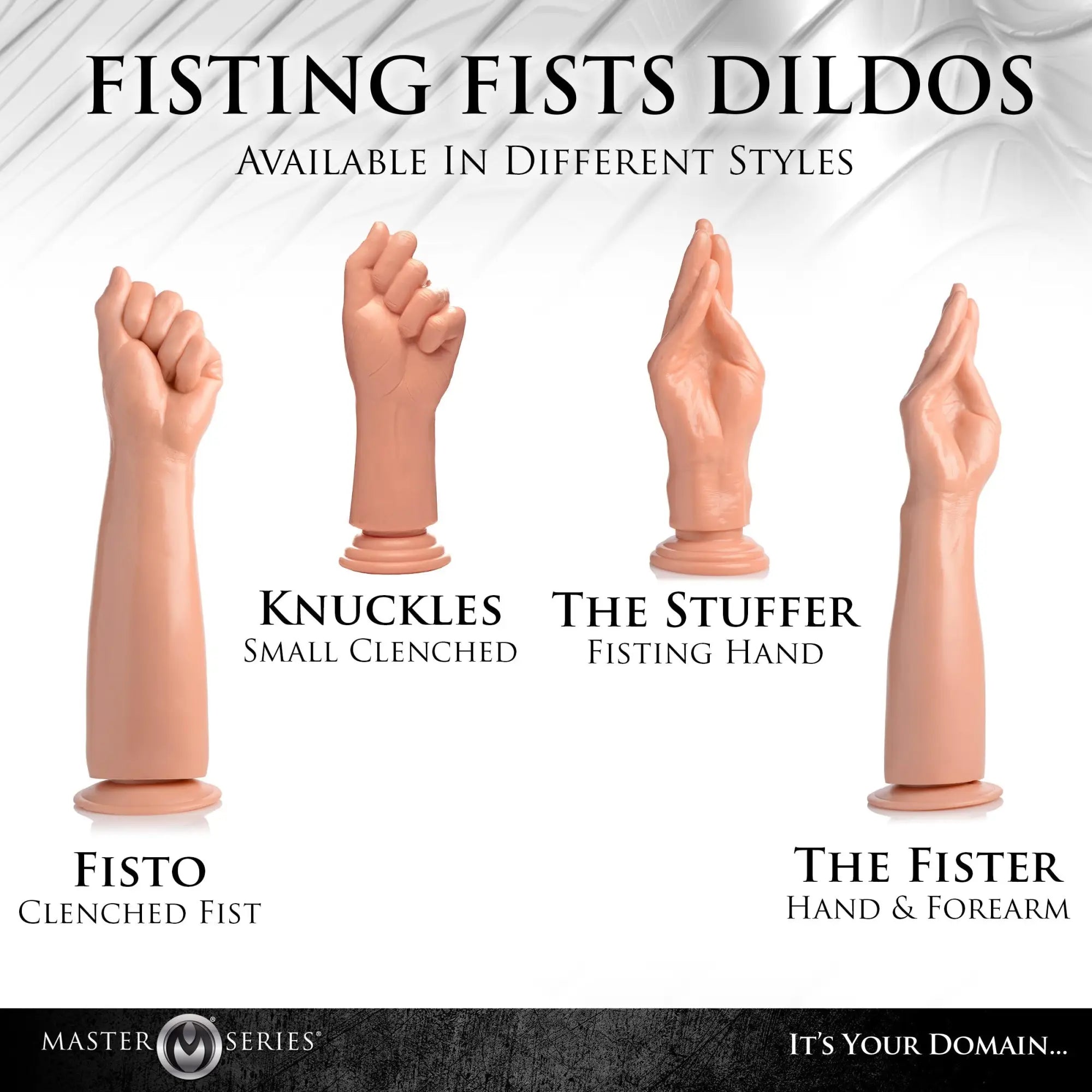 Master Series Knuckles Small Clenched Fist dildo: a beige, realistic silicone hand-shaped toy with a suction cup base.