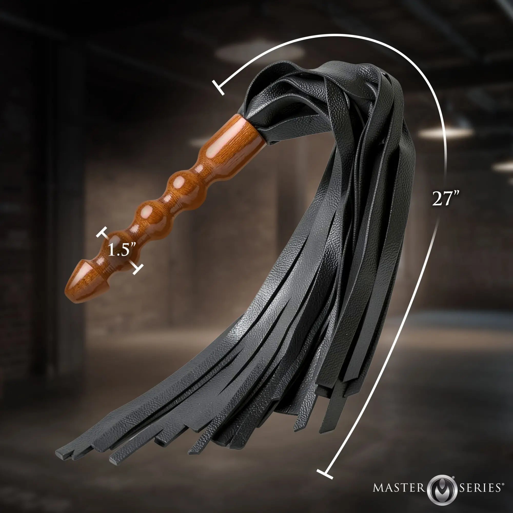 Master Series Lasher leather flogger with a contoured wooden handle and black leather tails, showing 27" length.