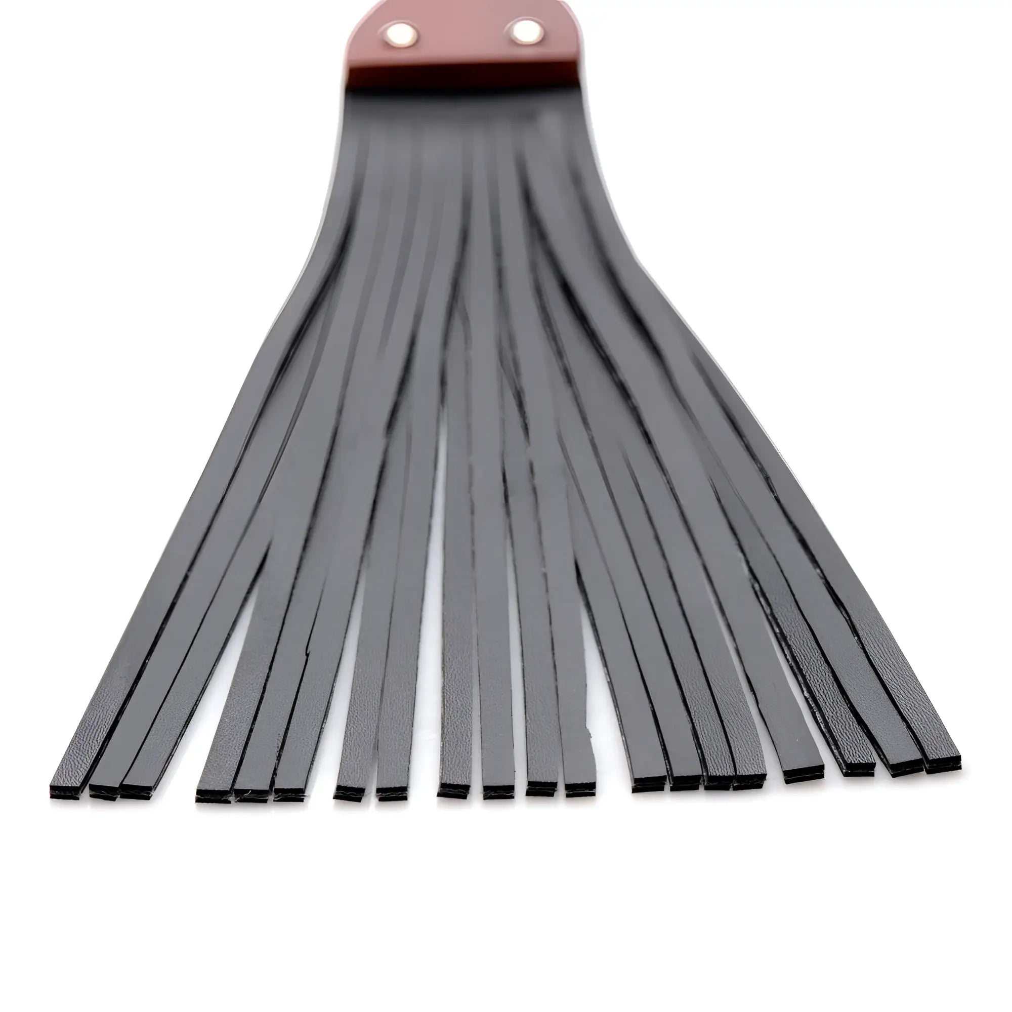 Master Series Master Lasher Wooden Flogger with a reddish-brown wooden handle and long, black leather strips.
