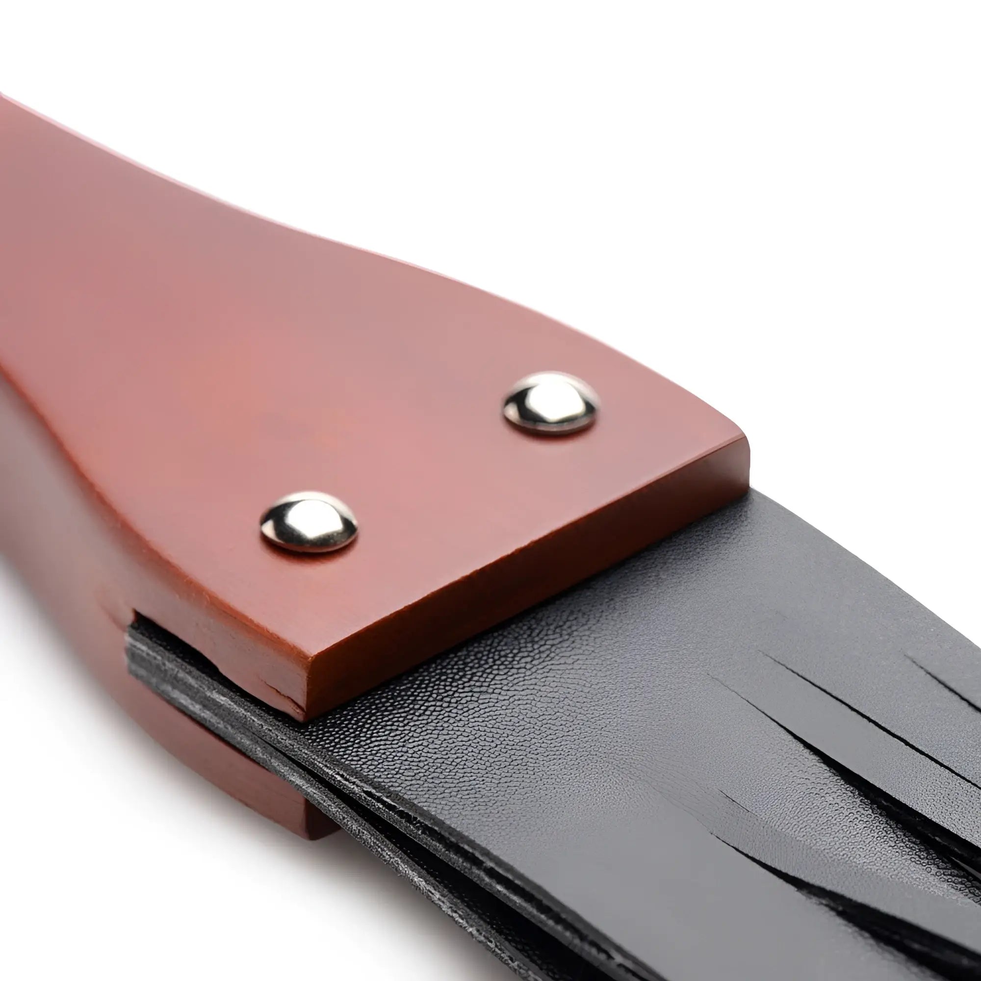 Master Series Master Lasher Wooden Flogger with brown wooden handle and black leather tails secured by silver rivets.