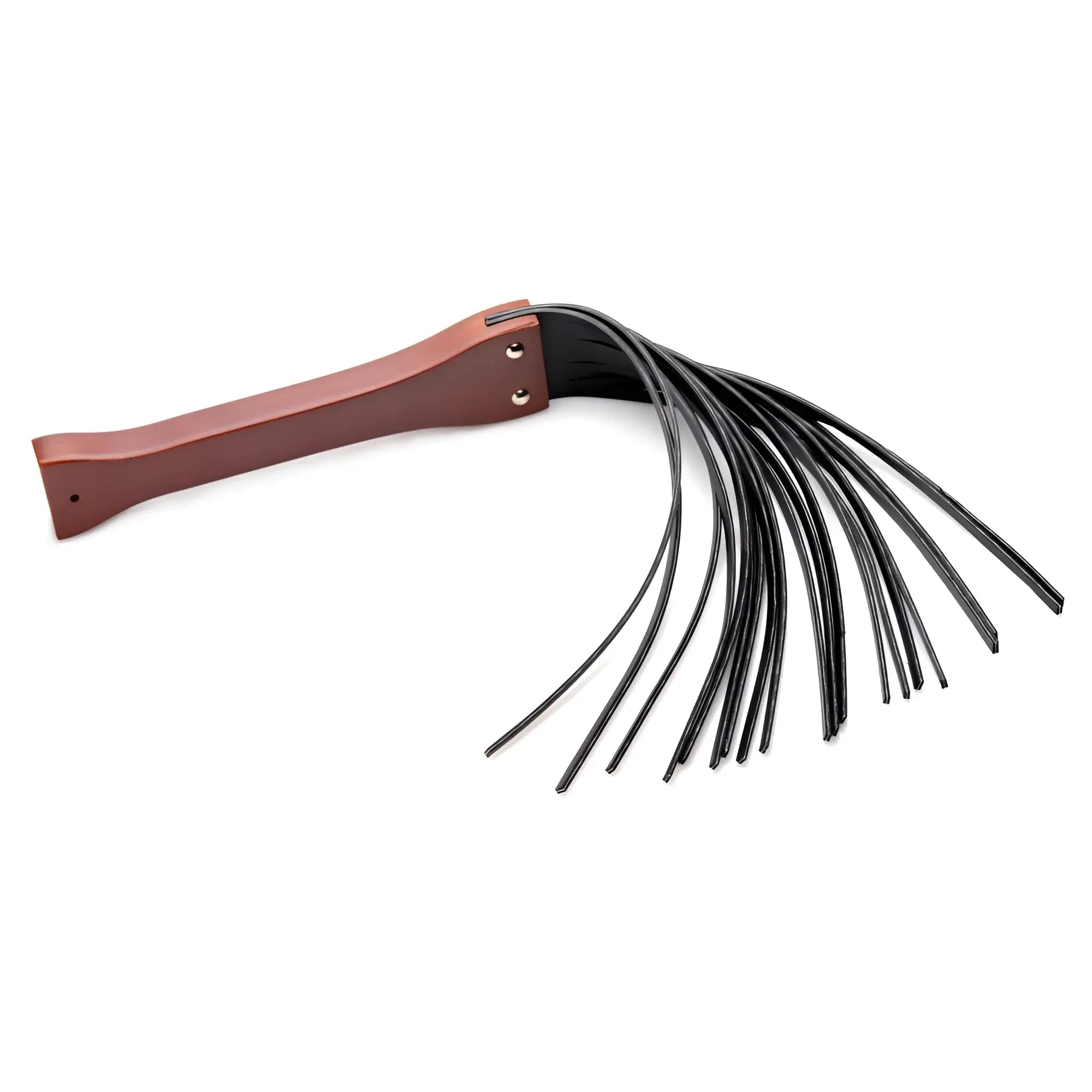 Master Series Master Lasher wooden flogger featuring a polished brown wooden handle and long, thin black leather tails.
