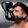 A man wearing the black Master Series Latrine Extreme Funnel Gag, featuring a leather-style mouth piece and hose.