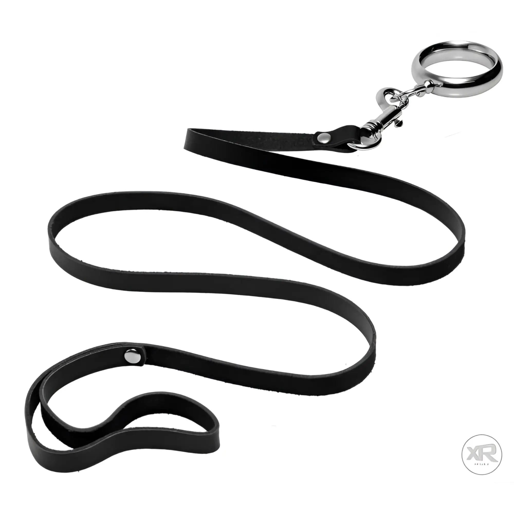 Master Series Lead Them by the Cock leash: A black leather strap with a chrome penis ring and silver metal hardware.