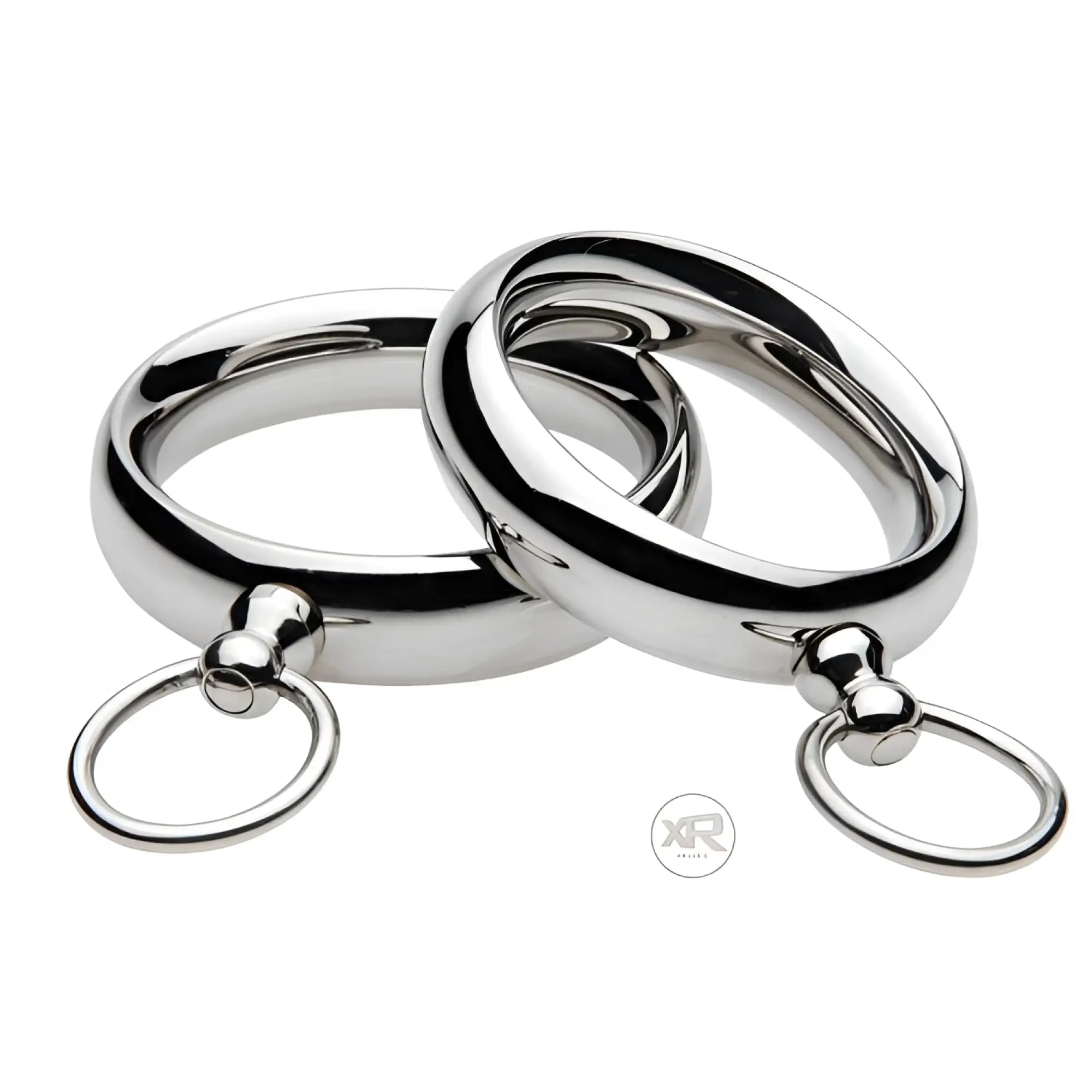 Master Series Lead Me: Two polished, silver-tone stainless steel cock rings with small attached tether loops.