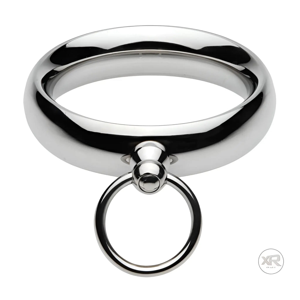 Master Series Lead Me cock ring: a polished silver stainless steel ring with an attached dangling metal O-ring.
