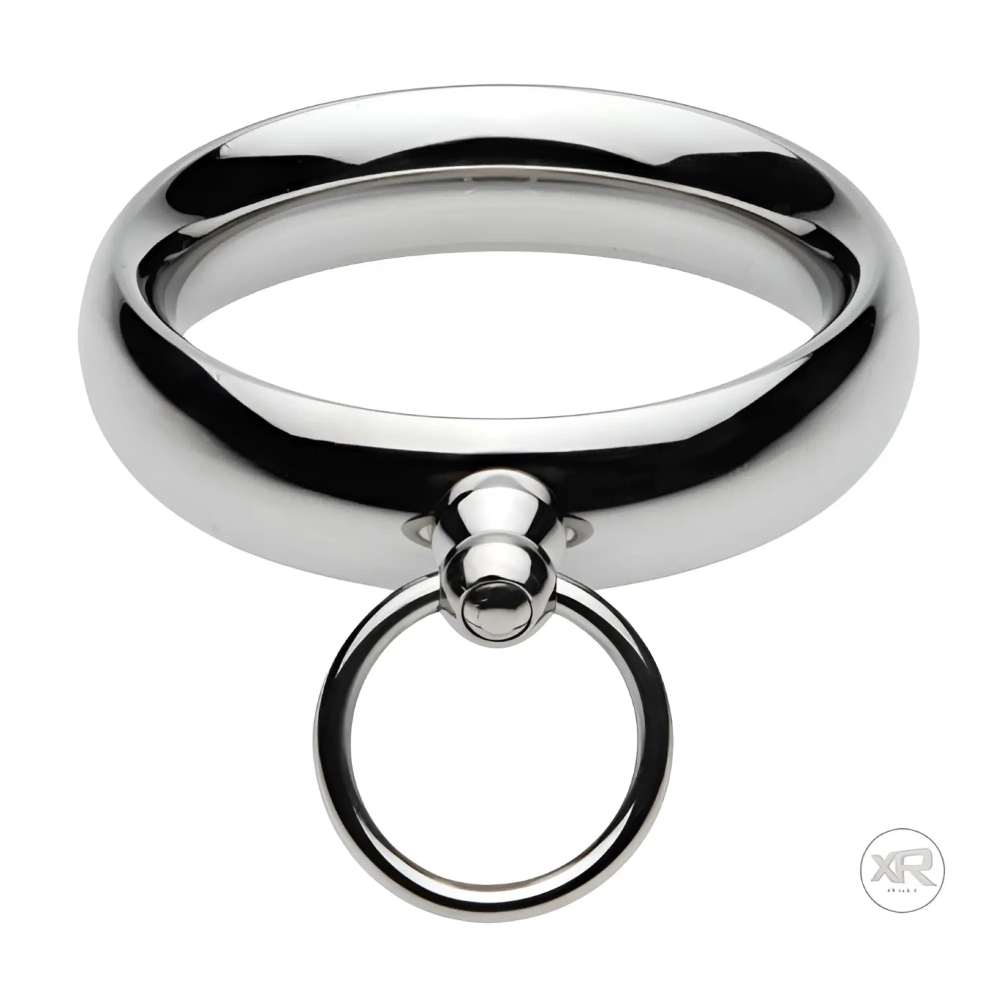 Master Series Lead Me cock ring: a polished silver stainless steel ring with an attached dangling metal O-ring.