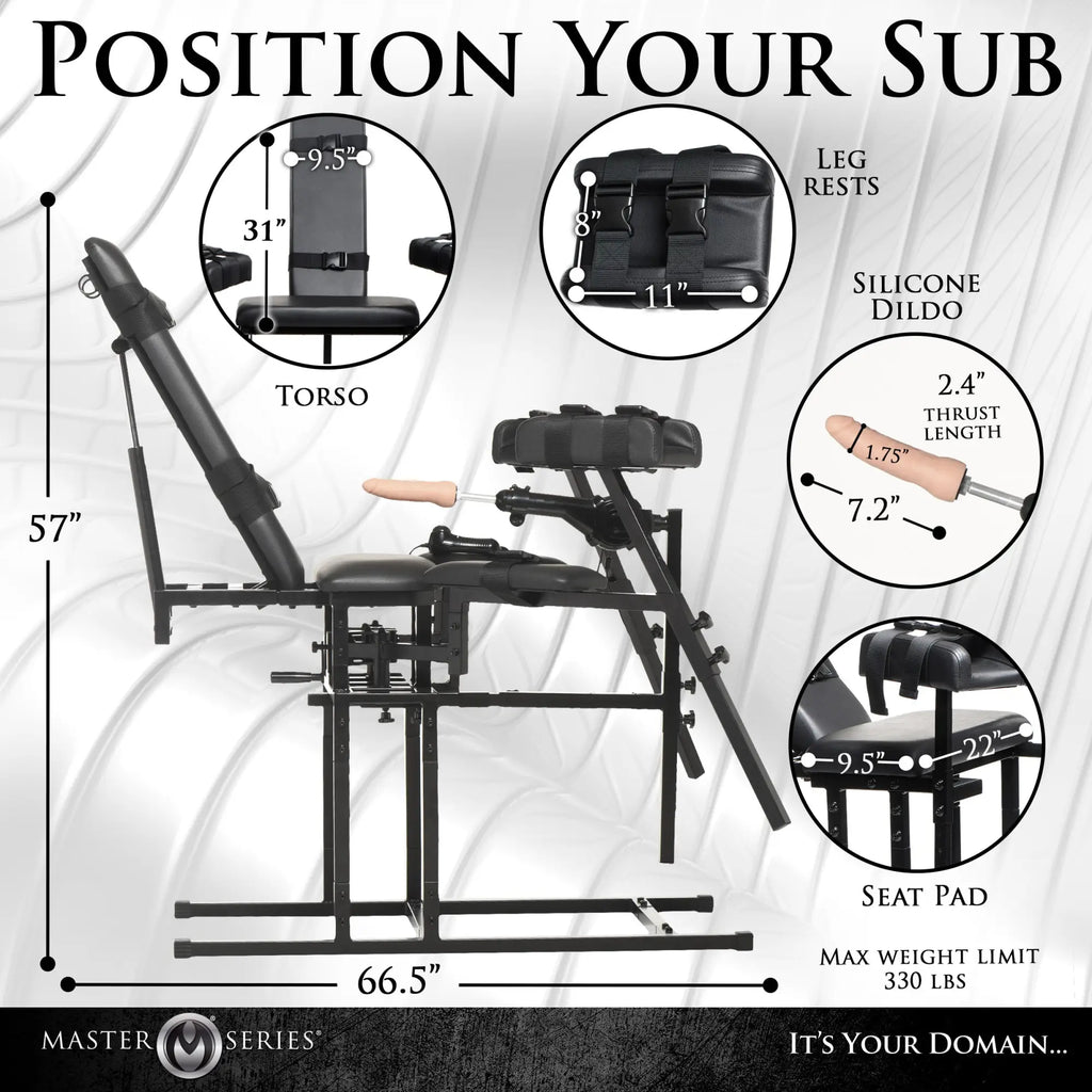 Master Series Leg Spreader Obedience Chair with integrated sex machine, showing black frame, seat, and measurement specs.