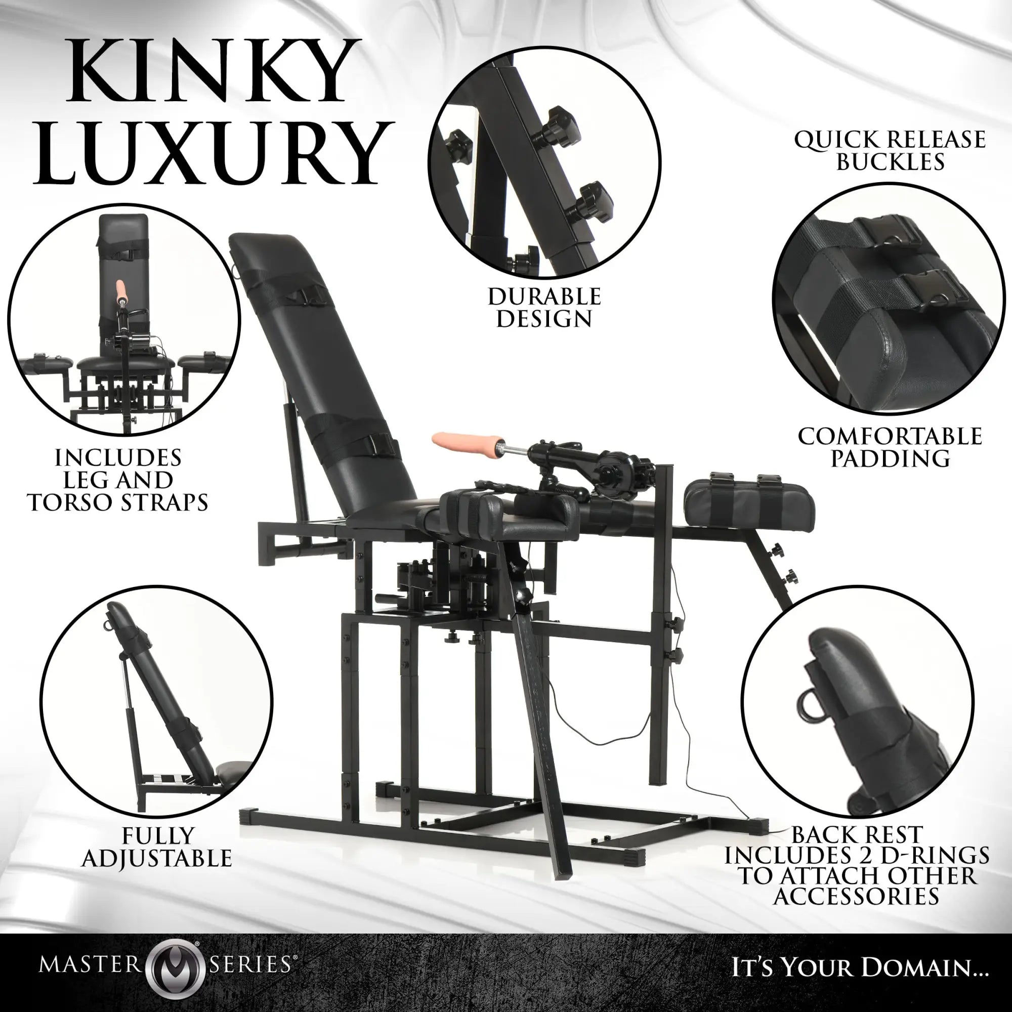 Black Master Series leg spreader obedience chair with integrated sex machine, adjustable straps, and padded supports.