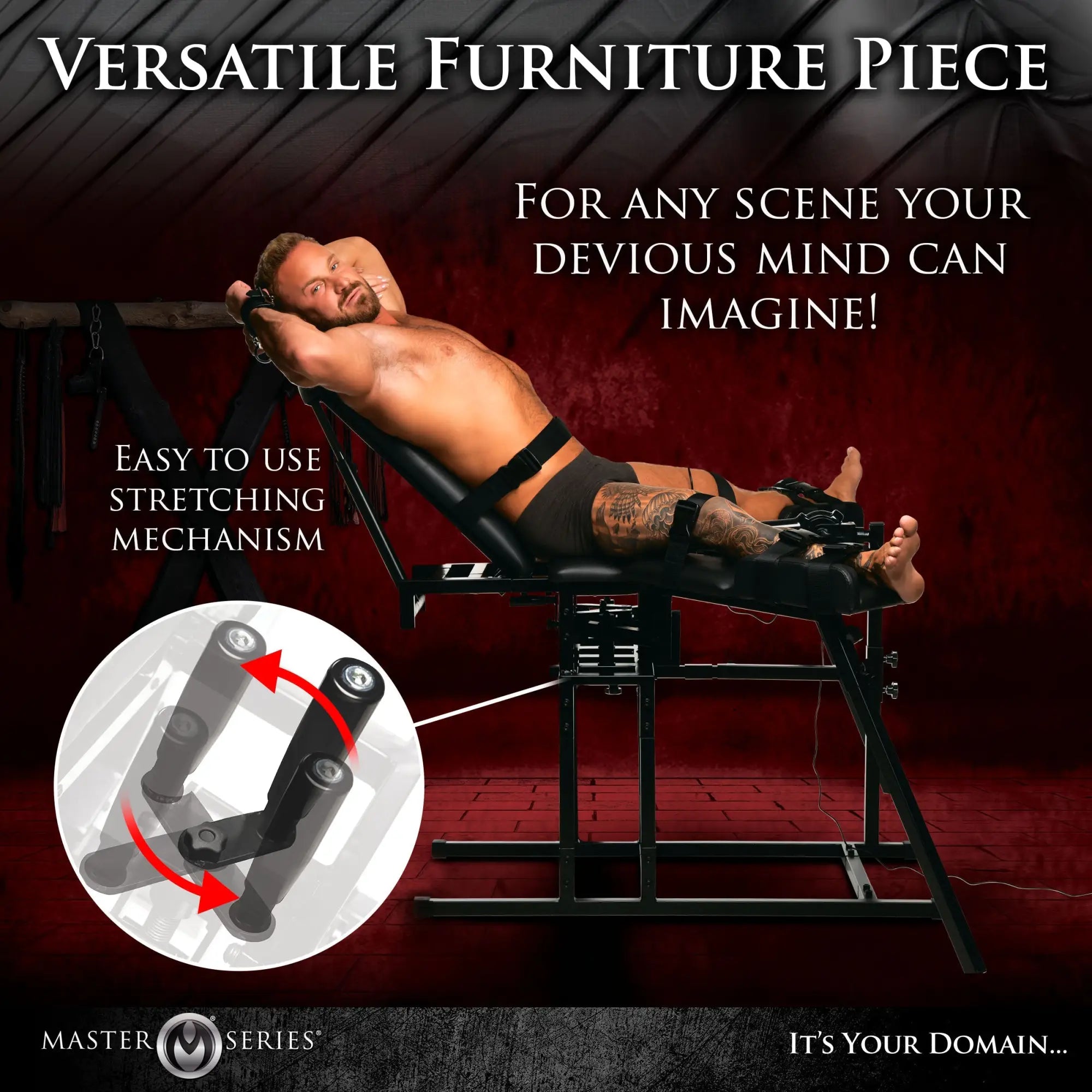 Master Series Leg Spreader Obedience Chair: a black metal frame with cushioned seat and integrated leg restraints.