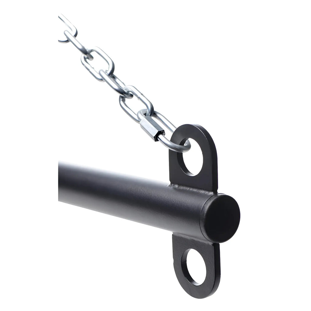 Master Series Levitate Suspension Bar: A matte black steel horizontal bar with dual mounting loops, hanging by a chain.