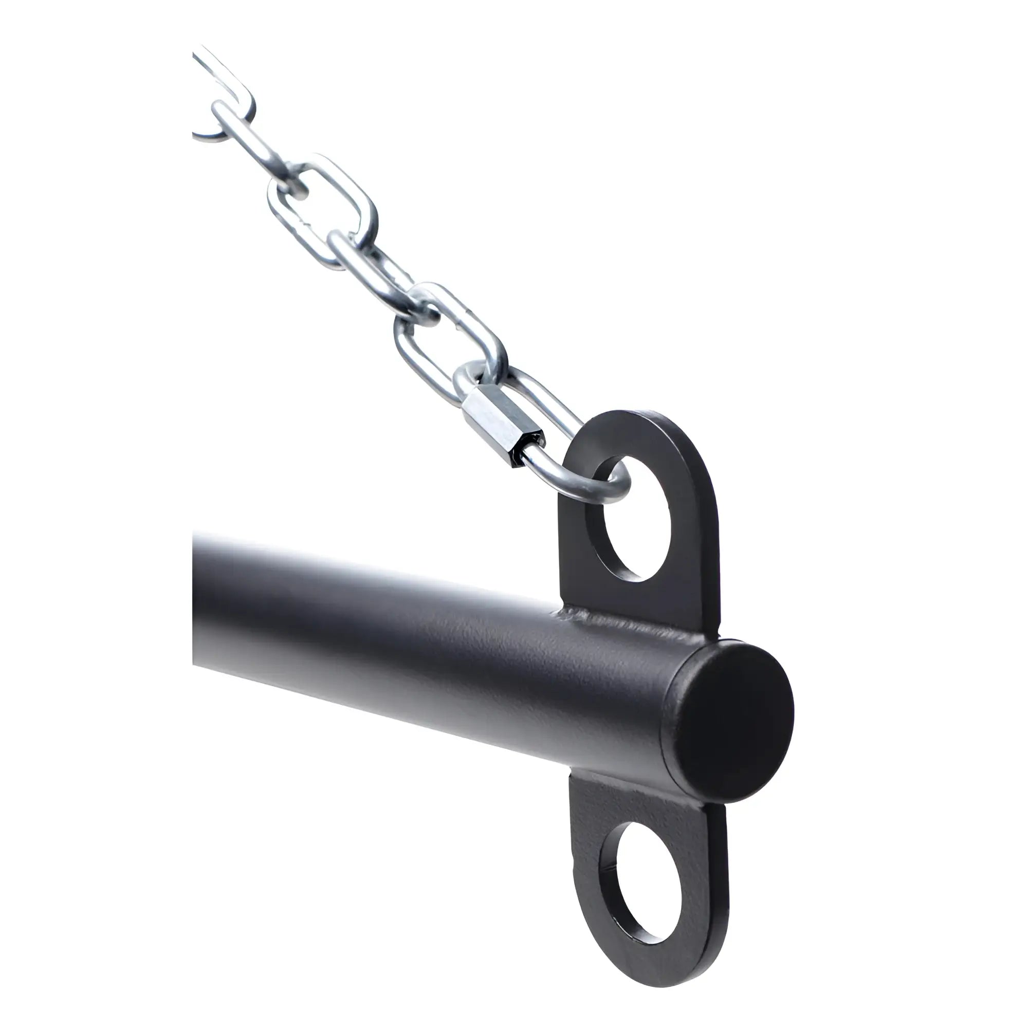 Master Series Levitate Suspension Bar: A matte black steel horizontal bar with dual mounting loops, hanging by a chain.