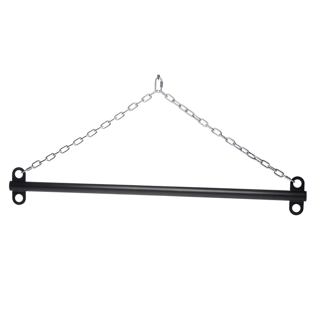 Master Series Levitate Suspension Bar: A matte black horizontal bar suspended by two silver metal chains.
