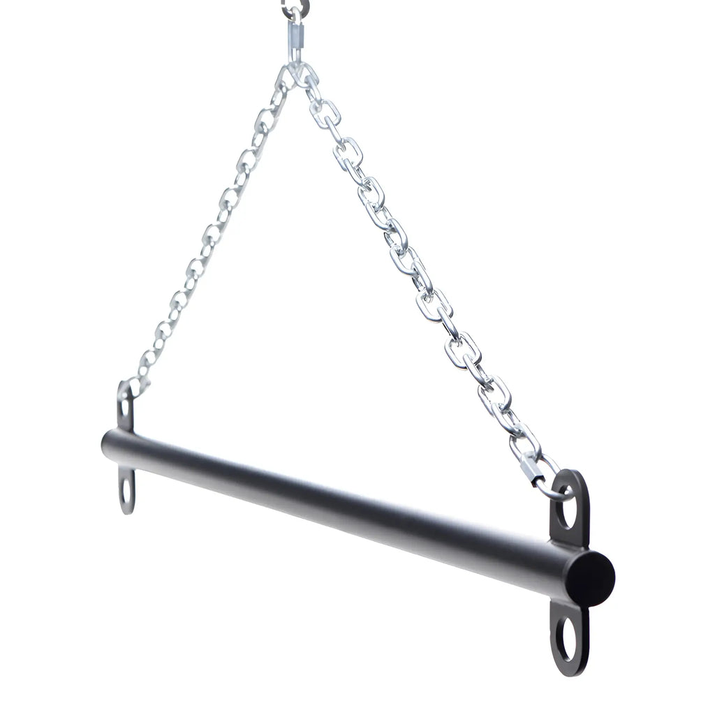 Master Series Levitate Suspension Bar: A matte black horizontal fitness bar suspended by two silver metal chains.