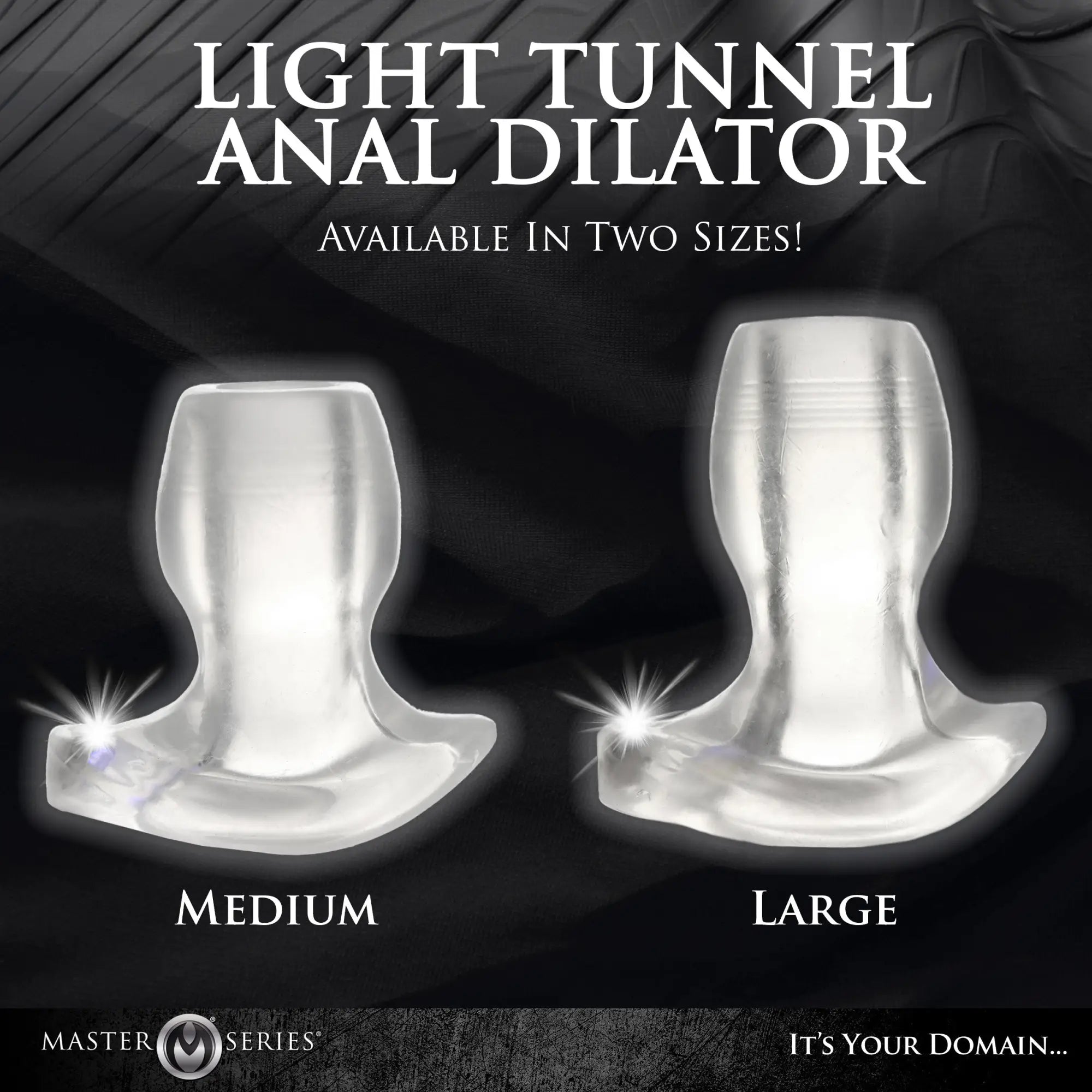 Master Series Light-Tunnel Anal Dilators in clear silicone, shown in medium and large sizes against a black background.