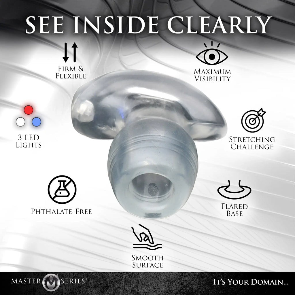 Clear Master Series Light-Tunnel anal dilator with a flared base, surrounded by feature icons on a white background.