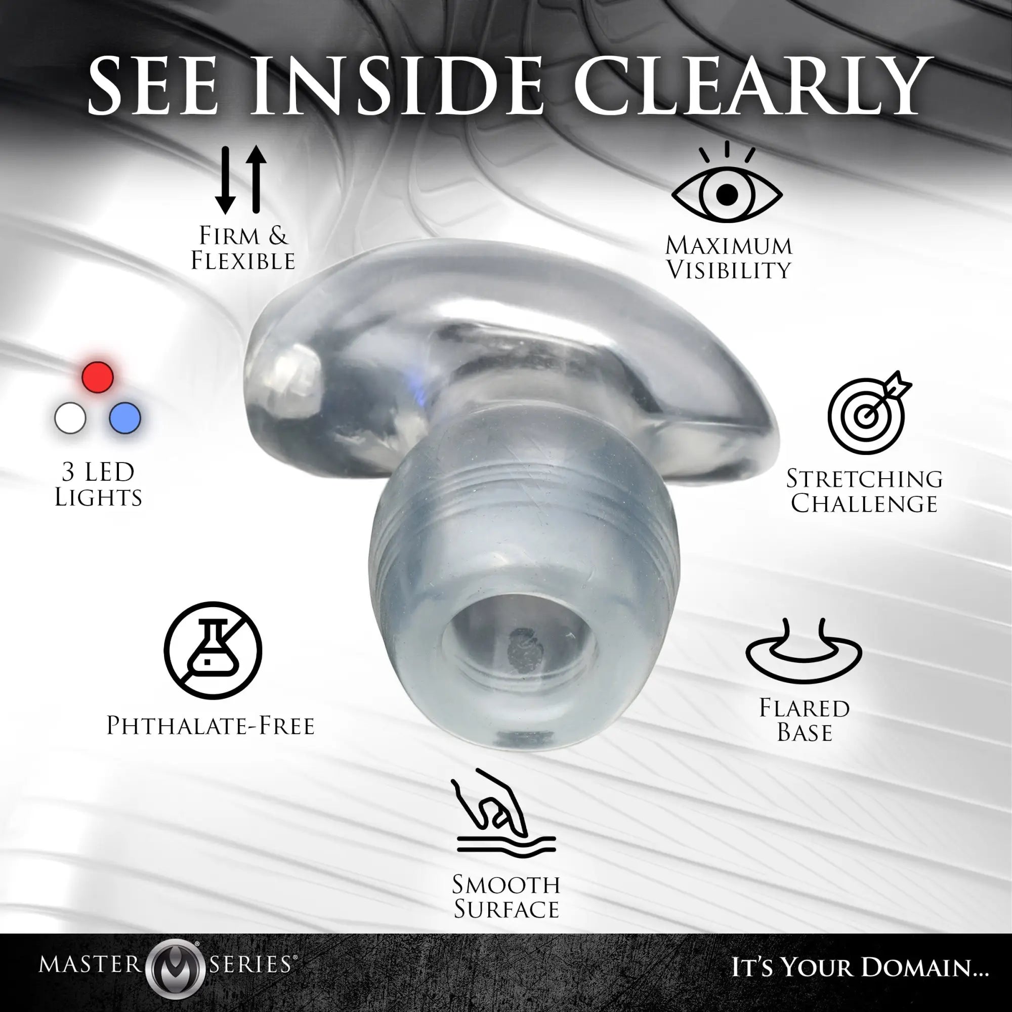 Clear Master Series Light-Tunnel anal dilator with a flared base, surrounded by feature icons on a white background.