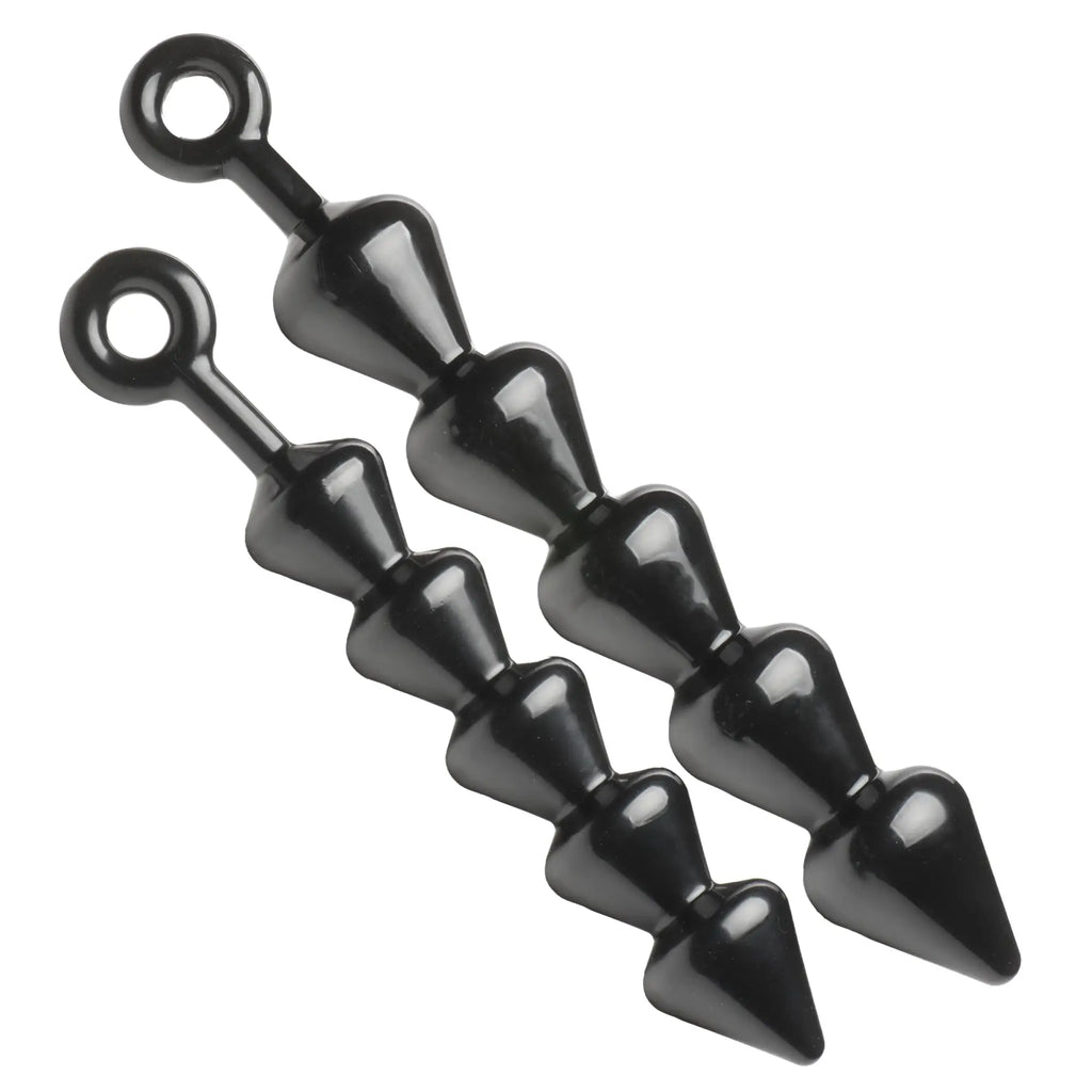 Master Series The Links: Two glossy black, tapered beaded anal plugs with ring handles, shown against a white background.