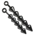 Master Series The Links: Two glossy black, tapered beaded anal plugs with ring handles, shown against a white background.