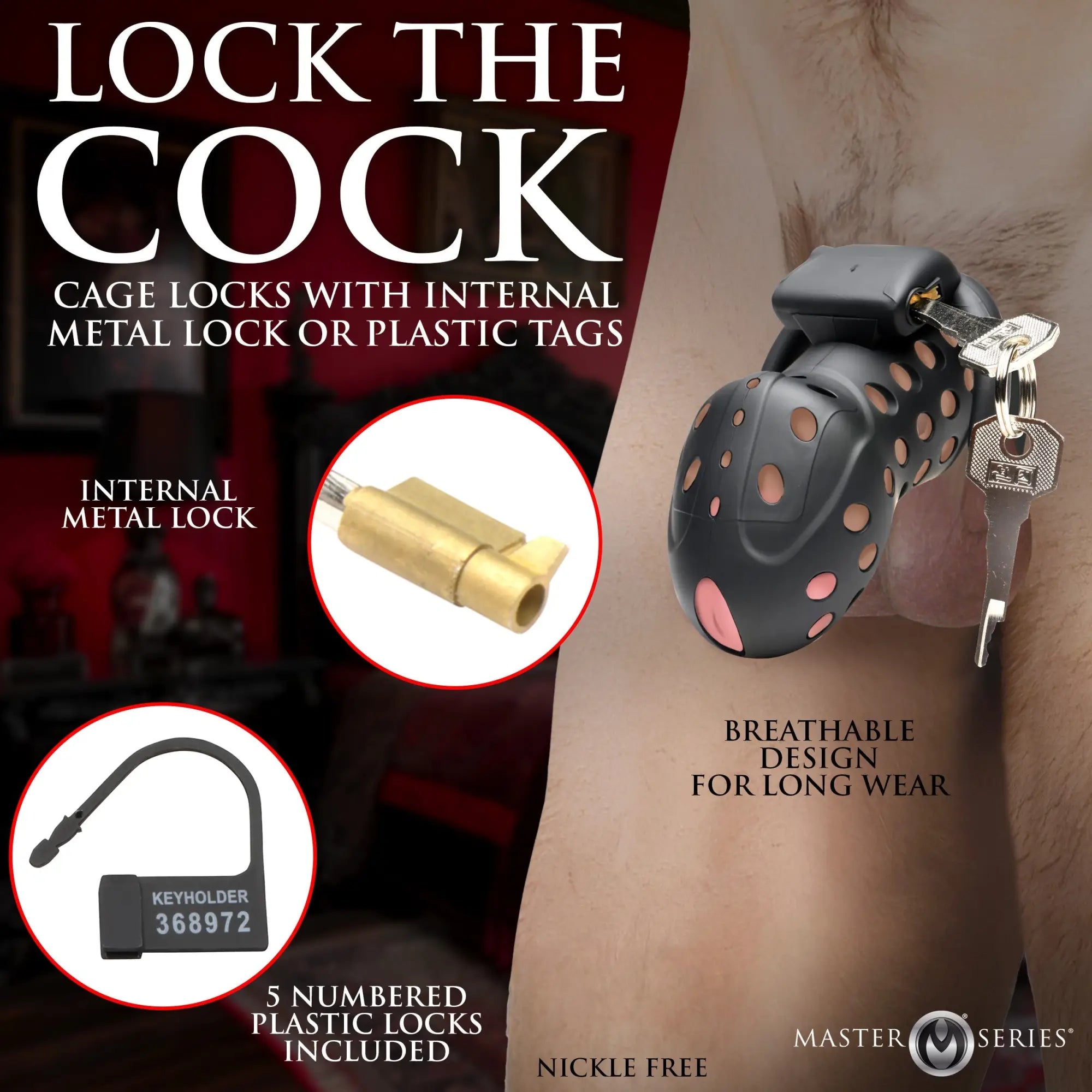 Master Series The Lock Down, a black, perforated chastity cage with internal metal lock and numbered plastic ties.