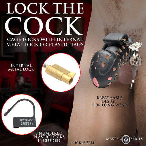 Master Series The Lock Down, a black, perforated chastity cage with internal metal lock and numbered plastic ties.