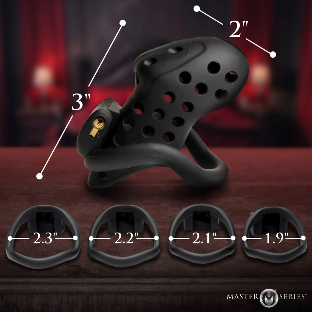 Master Series The Lock Down: A matte black, ventilated silicone chastity cage with four different sized base rings.