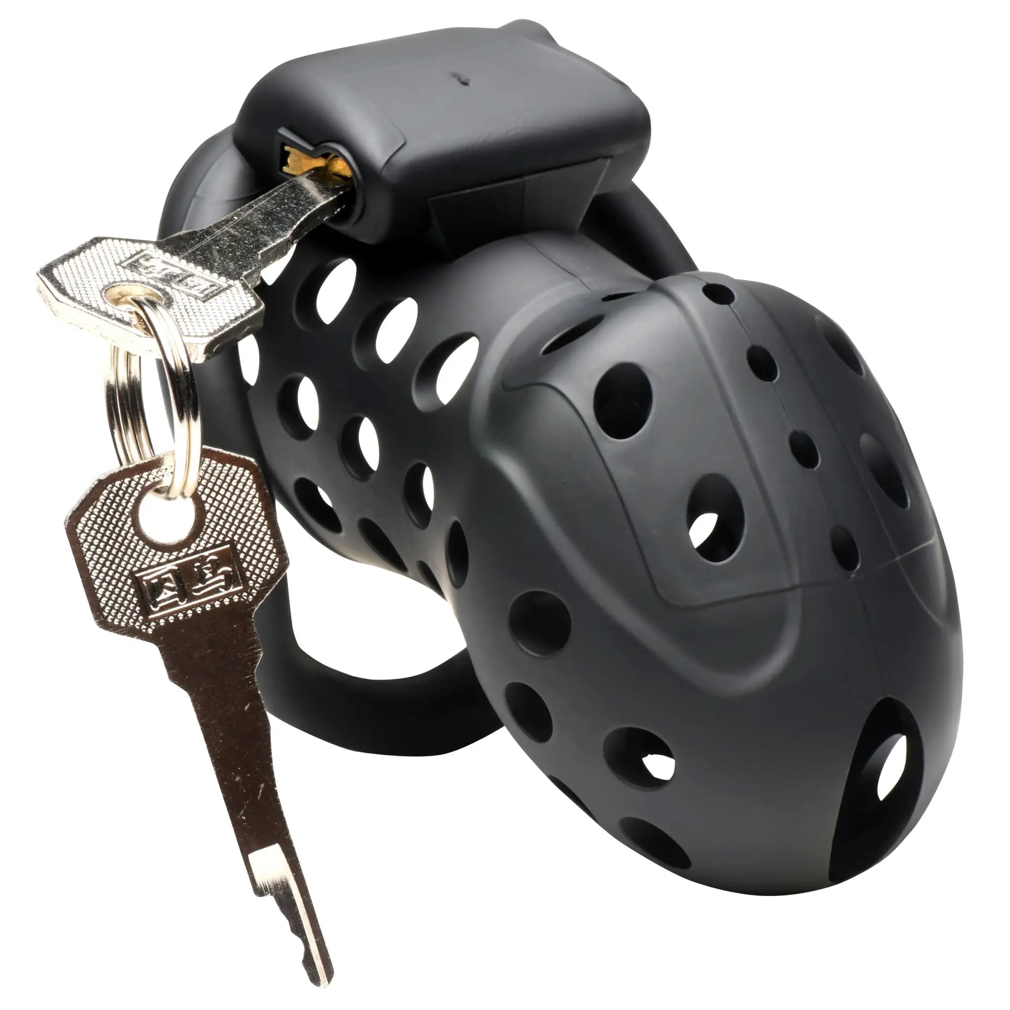 Master Series The Lock Down, a black, ventilated matte-finish chastity cage with an inserted silver metal key.