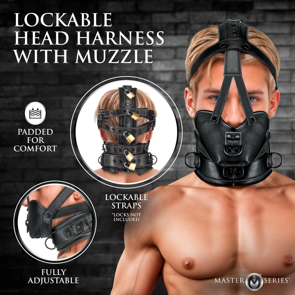 Master Series black leather lockable head harness with muzzle, featuring adjustable straps and padding.