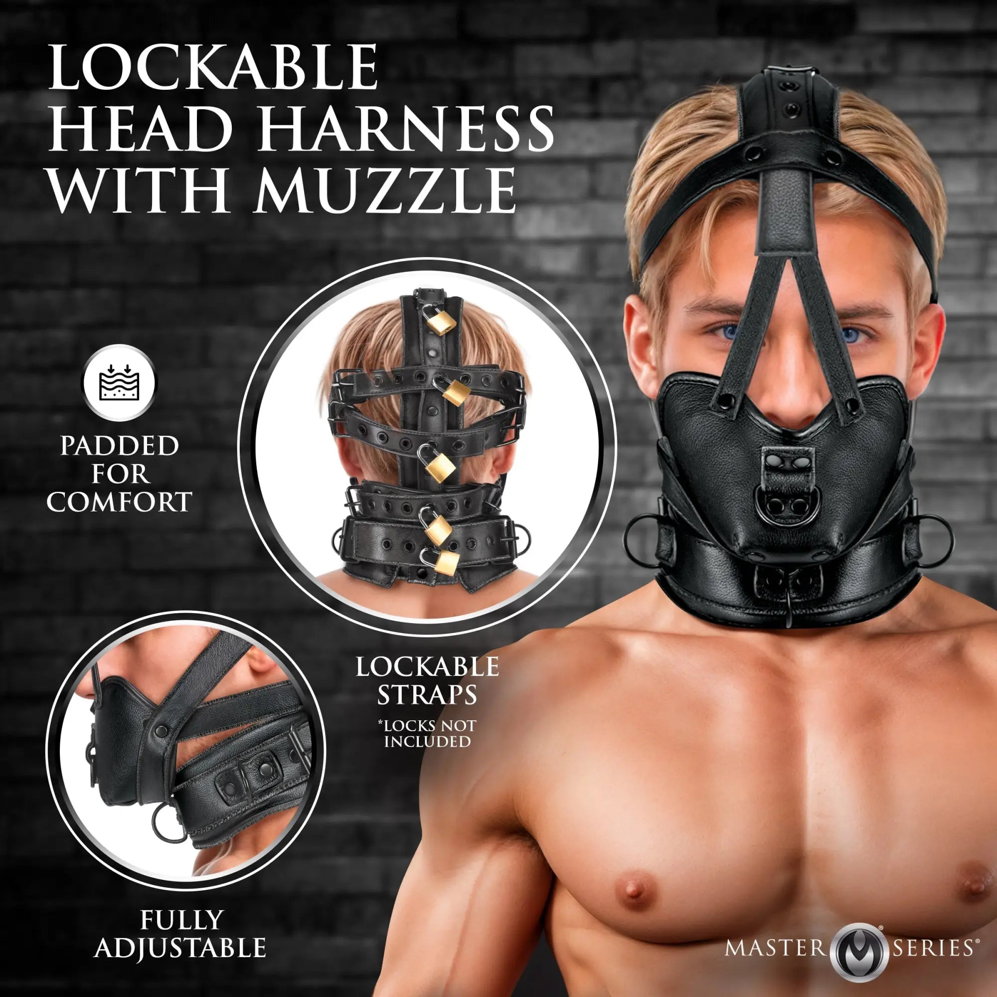 Master Series black leather lockable head harness with muzzle, featuring adjustable straps and padding.
