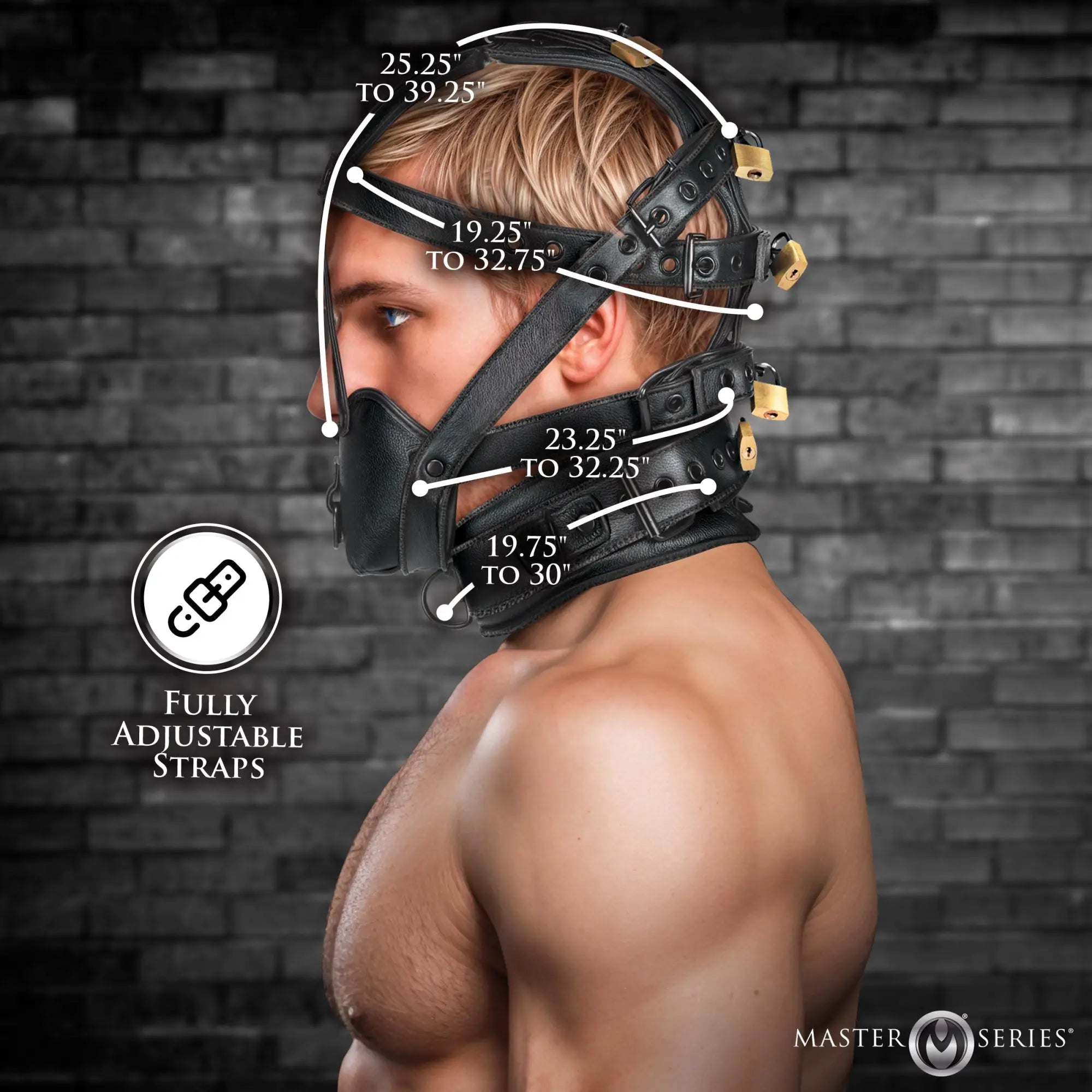 Master Series black leather lockable head harness with muzzle worn by a man, showing adjustable strap measurements.