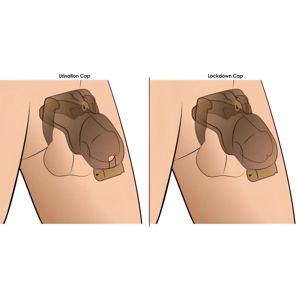 Master Series Lockdown Chastity Cage, showing brown-tinted cage with interchangeable Urination and Lockdown caps.