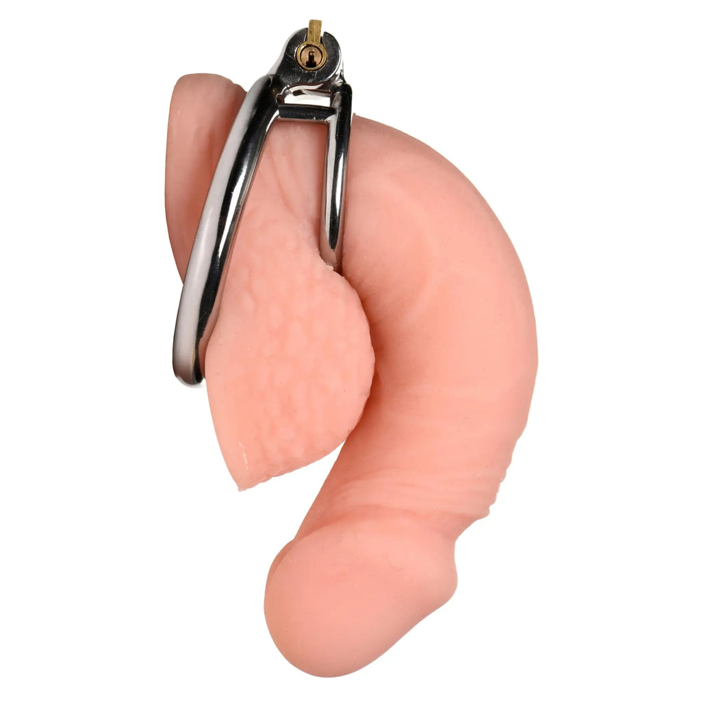 Master Series Locking Cock and Ball Ring: A silver-tone metal locking ring around a flesh-toned, textured silicone form.