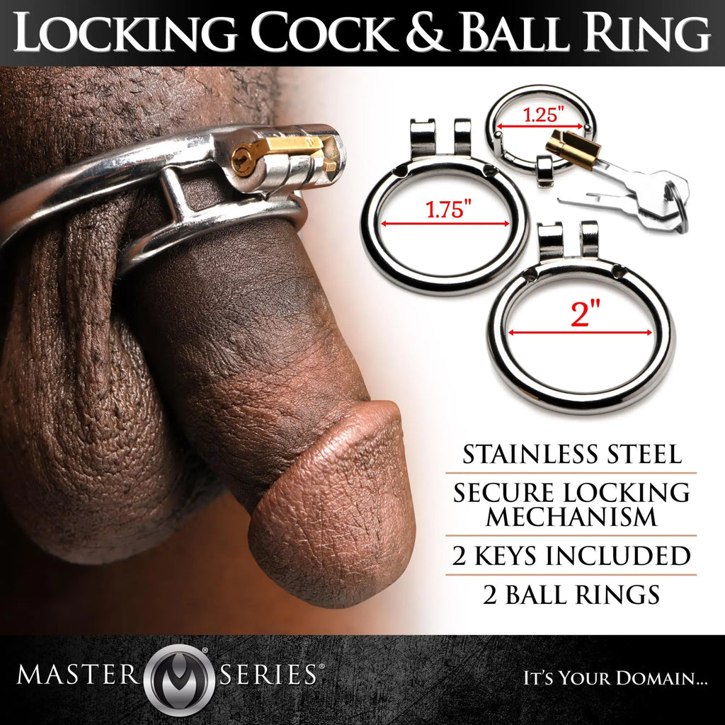 Master Series stainless steel locking cock and ball ring, shown in use with three sizing options and two included keys.