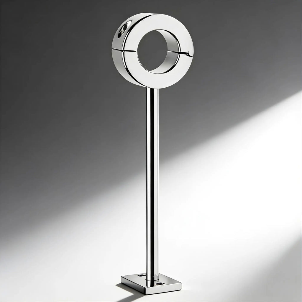 Master Series chrome locking CBT scrotum cuff with vertical mounting bar and square base plate on a gray background.