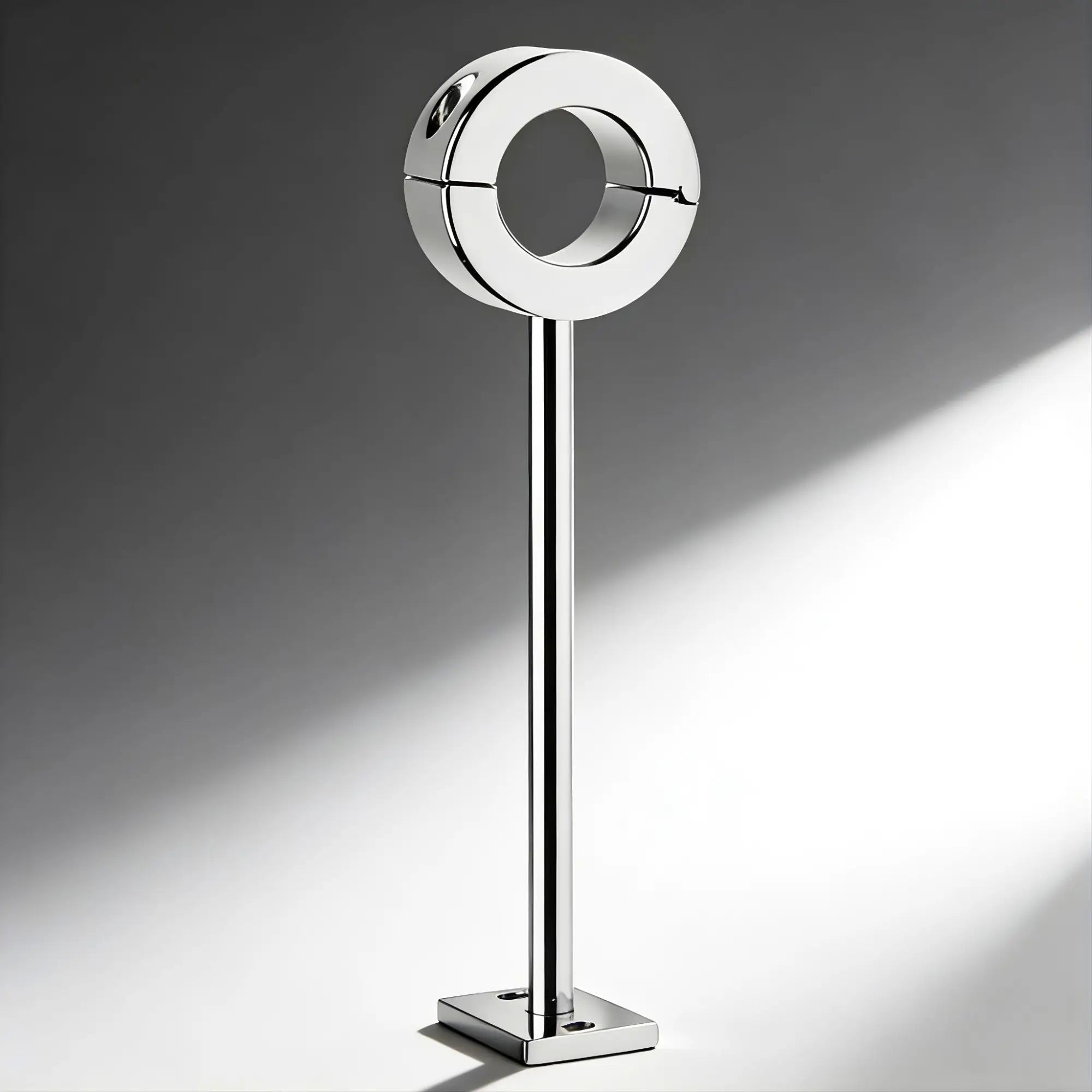 Master Series chrome locking CBT scrotum cuff with vertical mounting bar and square base plate on a gray background.