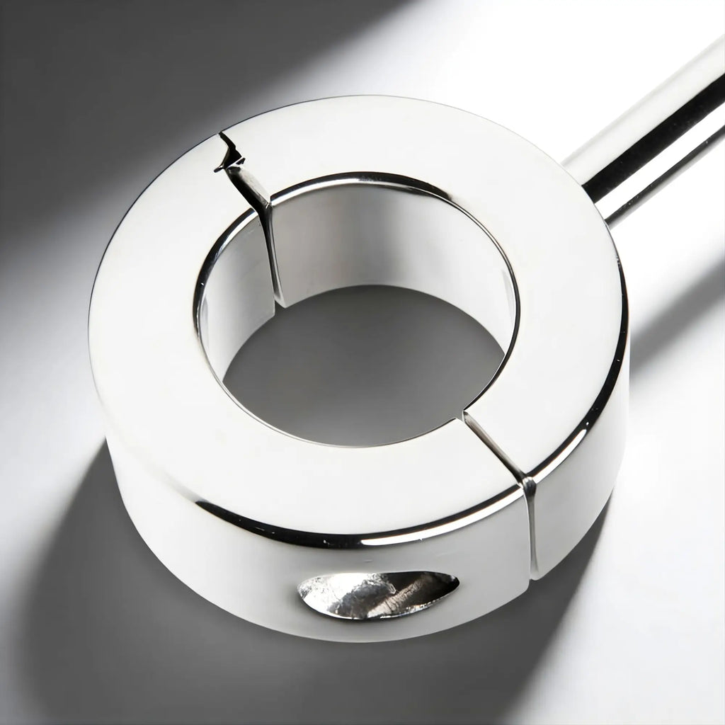 Master Series silver metal locking scrotum cuff with a central bar on a white background.