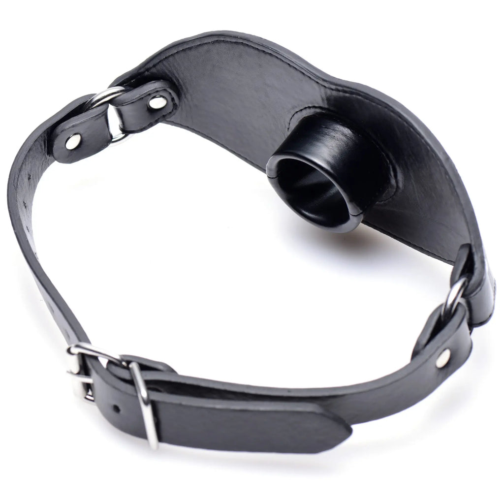 Master Series black leather locking open mouth gag with an adjustable buckle strap and a central cylindrical insert.