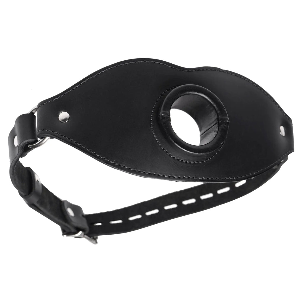 Master Series black leather locking open mouth gag with adjustable buckled strap and metal hardware.